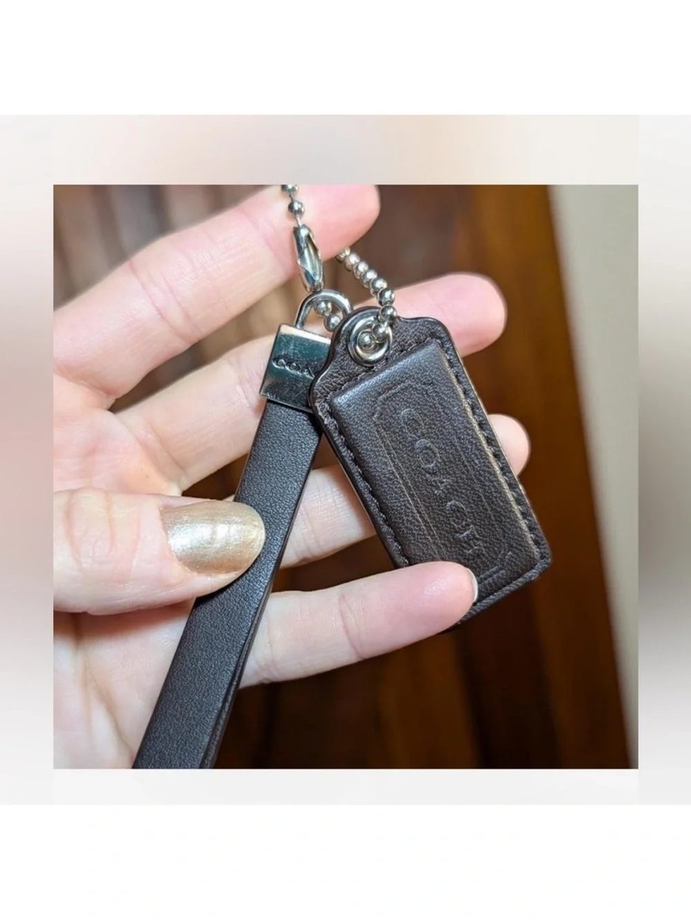 Coach Dark Brown Leather Bag Charm Keychain | Tag + Wrist Strap